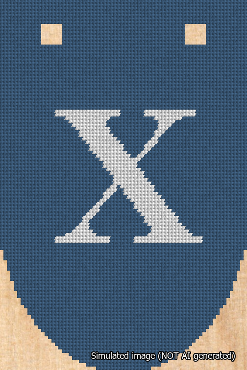 A simulated image of the stitched needlepoint design: Banner 18m Rounded X White on Blue. Not A.I. generated.