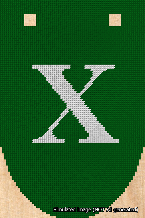 A simulated image of the stitched needlepoint design: Banner 18m Rounded X White on Green. Not A.I. generated.