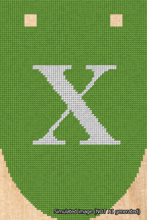A simulated image of the stitched needlepoint design: Banner 18m Rounded X White on Light Green. Not A.I. generated.