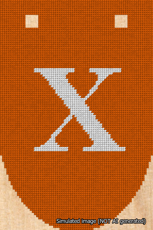 A simulated image of the stitched needlepoint design: Banner 18m Rounded X White on Orange. Not A.I. generated.