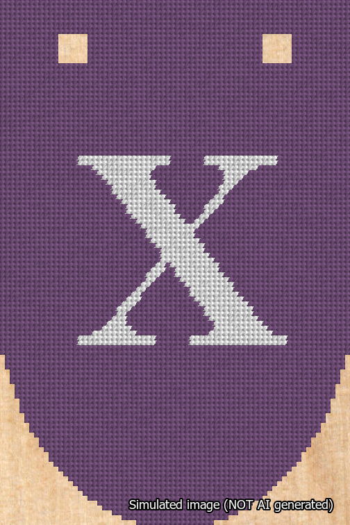 A simulated image of the stitched needlepoint design: Banner 18m Rounded X White on Purple. Not A.I. generated.