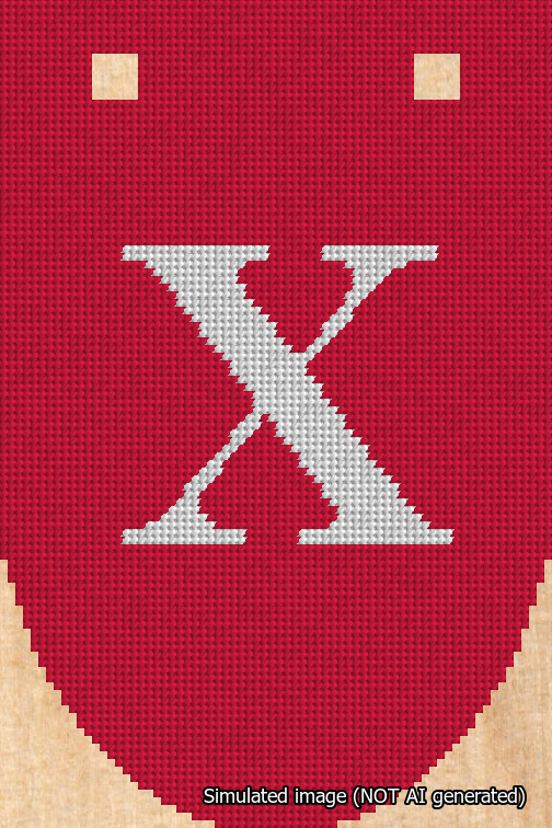 A simulated image of the stitched needlepoint design: Banner 18m Rounded X White on Red. Not A.I. generated.