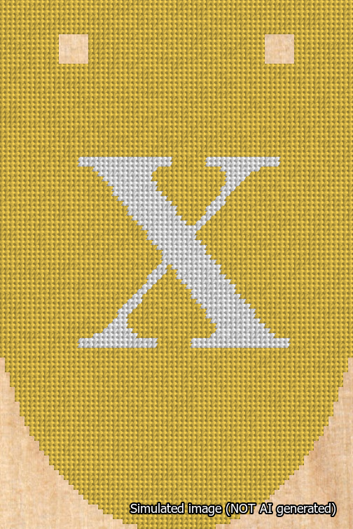 A simulated image of the stitched needlepoint design: Banner 18m Rounded X White on Yellow. Not A.I. generated.