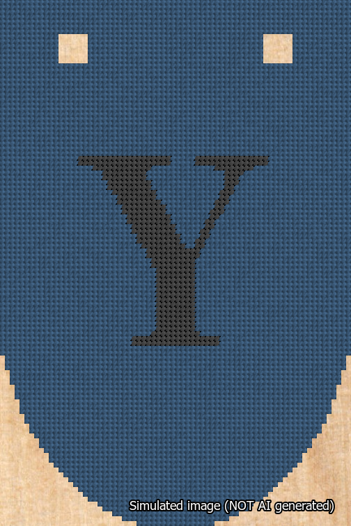 A simulated image of the stitched needlepoint design: Banner 18m Rounded Y Black on Blue. Not A.I. generated.
