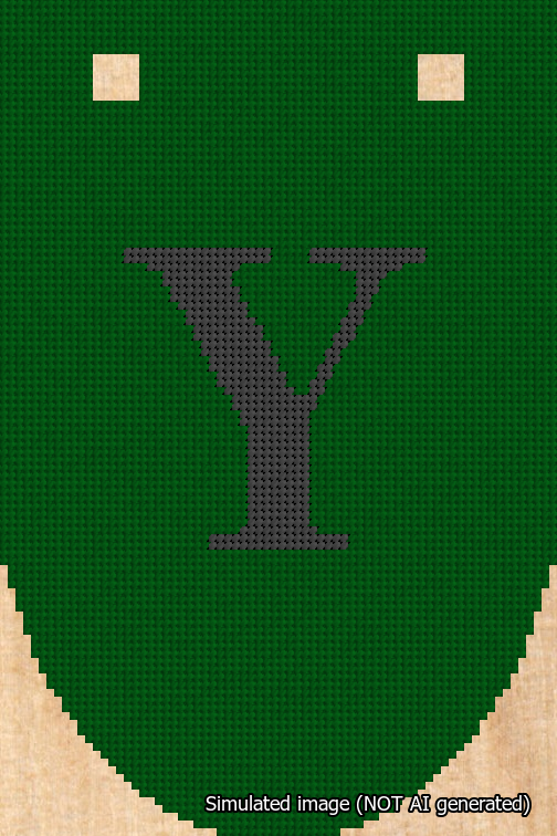 A simulated image of the stitched needlepoint design: Banner 18m Rounded Y Black on Green. Not A.I. generated.