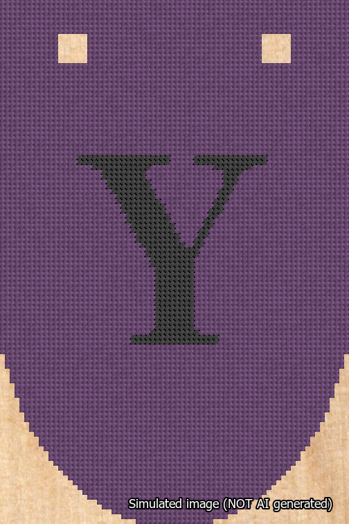 A simulated image of the stitched needlepoint design: Banner 18m Rounded Y Black on Purple. Not A.I. generated.