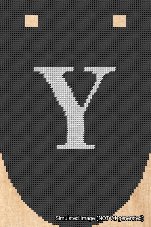 A simulated image of the stitched needlepoint design: Banner 18m Rounded Y White on Black. Not A.I. generated.