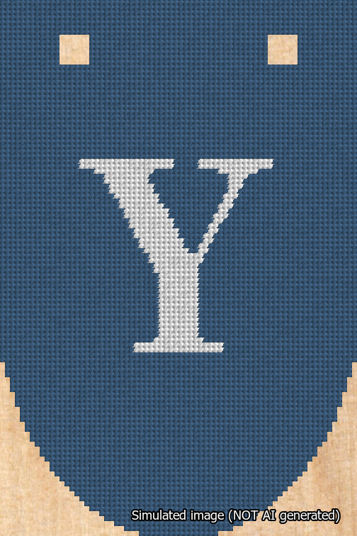 A simulated image of the stitched needlepoint design: Banner 18m Rounded Y White on Blue. Not A.I. generated.