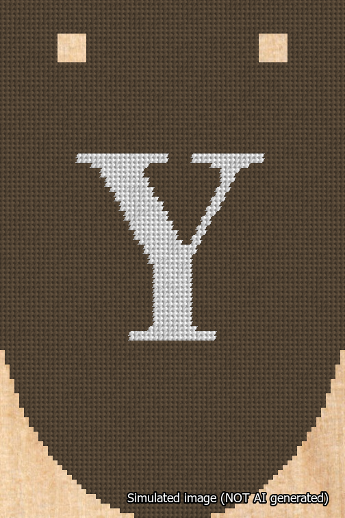 A simulated image of the stitched needlepoint design: Banner 18m Rounded Y White on Brown. Not A.I. generated.