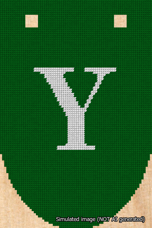 A simulated image of the stitched needlepoint design: Banner 18m Rounded Y White on Green. Not A.I. generated.