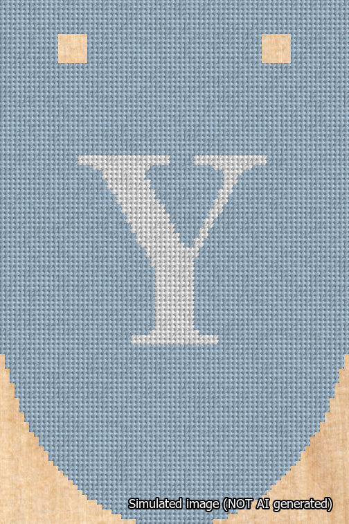 A simulated image of the stitched needlepoint design: Banner 18m Rounded Y White on Light Blue. Not A.I. generated.