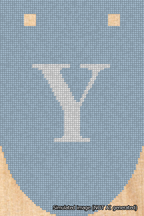 A simulated image of the stitched needlepoint design: Banner 18m Rounded Y White on Light Blue. Not A.I. generated.