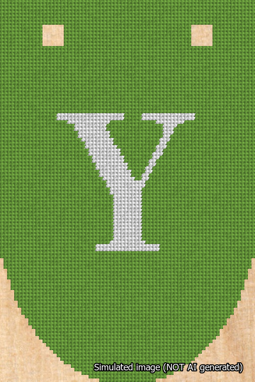 A simulated image of the stitched needlepoint design: Banner 18m Rounded Y White on Light Green. Not A.I. generated.