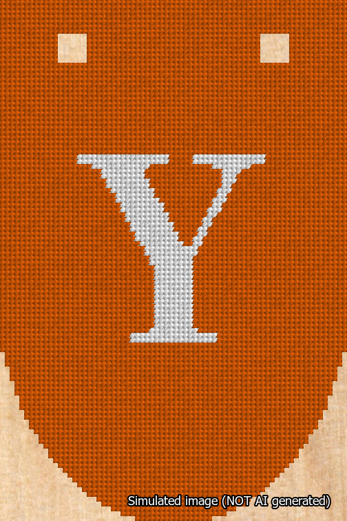 A simulated image of the stitched needlepoint design: Banner 18m Rounded Y White on Orange. Not A.I. generated.