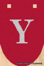 A simulated image of the stitched needlepoint design: Banner 18m Rounded Y White on Red. Not A.I. generated.