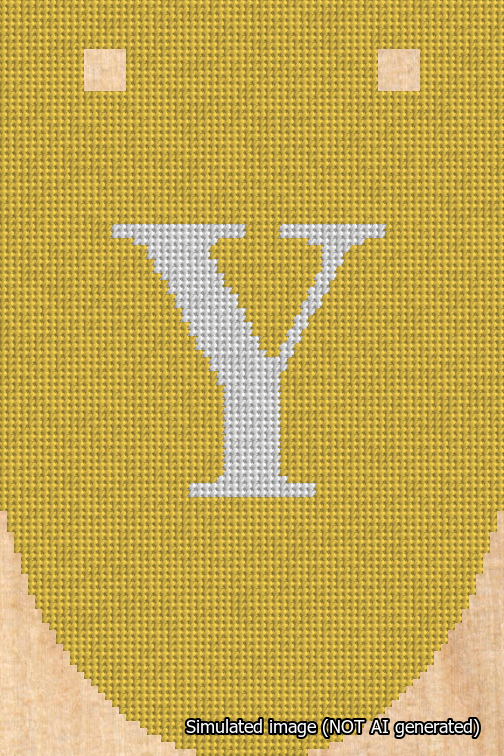 A simulated image of the stitched needlepoint design: Banner 18m Rounded Y White on Yellow. Not A.I. generated.
