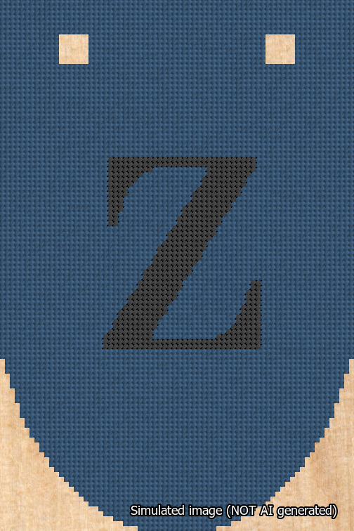 A simulated image of the stitched needlepoint design: Banner 18m Rounded Z Black on Blue. Not A.I. generated.