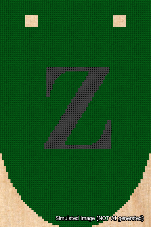 A simulated image of the stitched needlepoint design: Banner 18m Rounded Z Black on Green. Not A.I. generated.