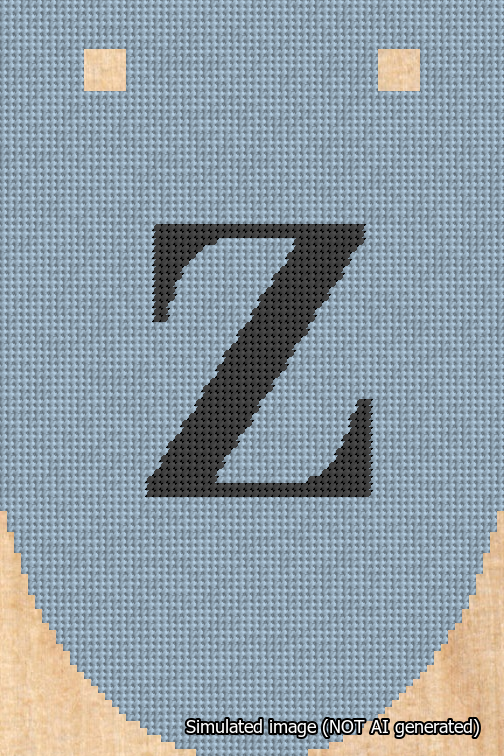 A simulated image of the stitched needlepoint design: Banner 18m Rounded Z Black on Light Blue. Not A.I. generated.