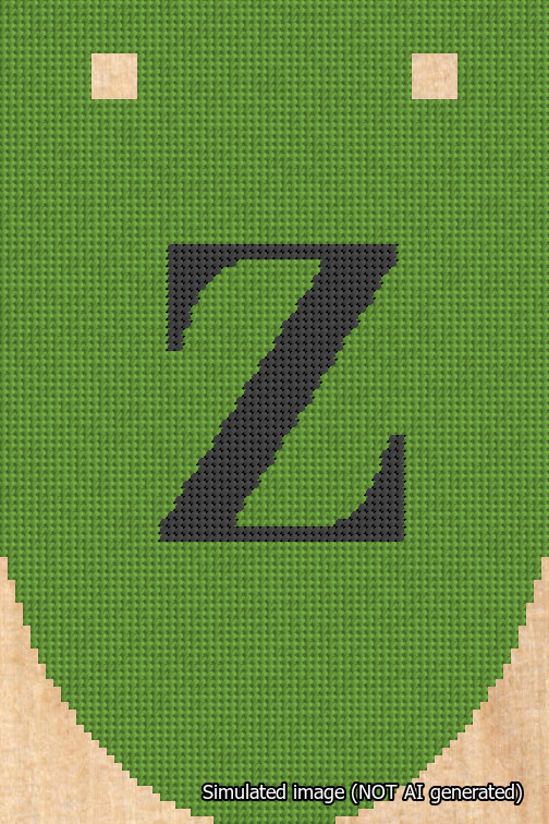 A simulated image of the stitched needlepoint design: Banner 18m Rounded Z Black on Light Green. Not A.I. generated.