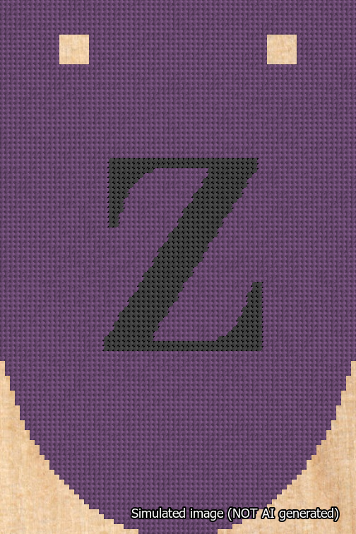 A simulated image of the stitched needlepoint design: Banner 18m Rounded Z Black on Purple. Not A.I. generated.