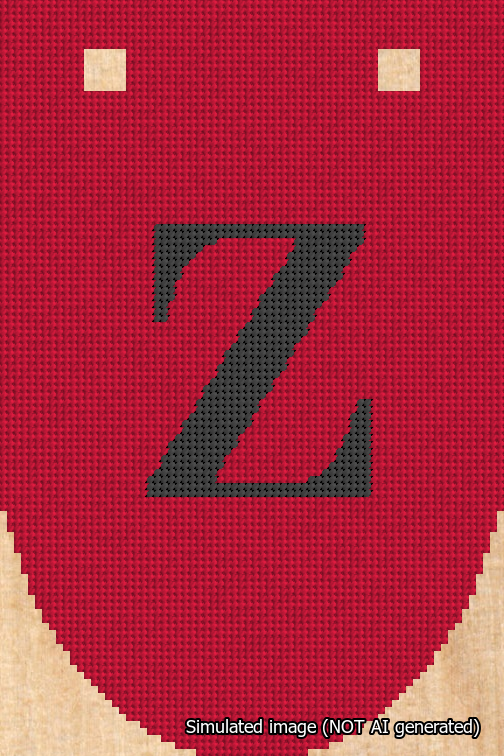 A simulated image of the stitched needlepoint design: Banner 18m Rounded Z Black on Red. Not A.I. generated.