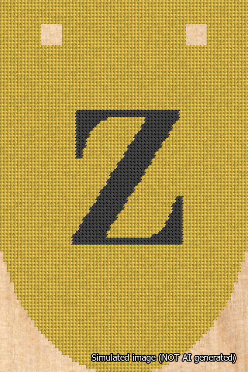 A simulated image of the stitched needlepoint design: Banner 18m Rounded Z Black on Yellow. Not A.I. generated.