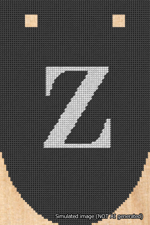 A simulated image of the stitched needlepoint design: Banner 18m Rounded Z White on Black. Not A.I. generated.