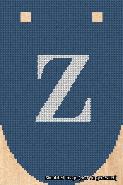 A simulated image of the stitched needlepoint design: Banner 18m Rounded Z White on Blue. Not A.I. generated.