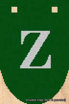 A simulated image of the stitched needlepoint design: Banner 18m Rounded Z White on Green. Not A.I. generated.