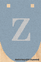 A simulated image of the stitched needlepoint design: Banner 18m Rounded Z White on Light Blue. Not A.I. generated.