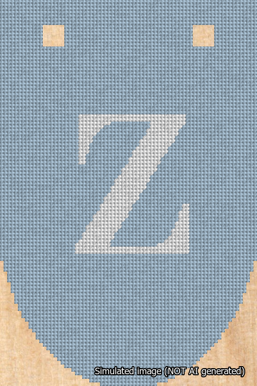 A simulated image of the stitched needlepoint design: Banner 18m Rounded Z White on Light Blue. Not A.I. generated.