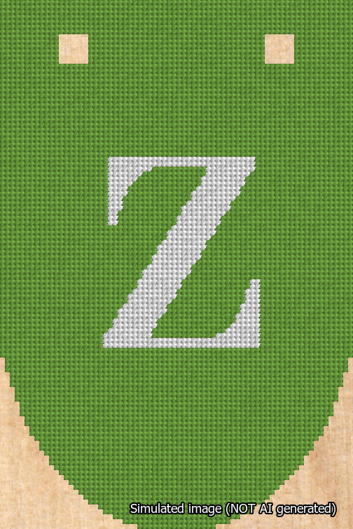 A simulated image of the stitched needlepoint design: Banner 18m Rounded Z White on Light Green. Not A.I. generated.