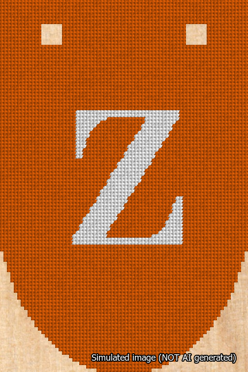 A simulated image of the stitched needlepoint design: Banner 18m Rounded Z White on Orange. Not A.I. generated.