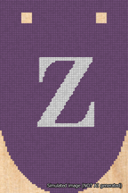 A simulated image of the stitched needlepoint design: Banner 18m Rounded Z White on Purple. Not A.I. generated.