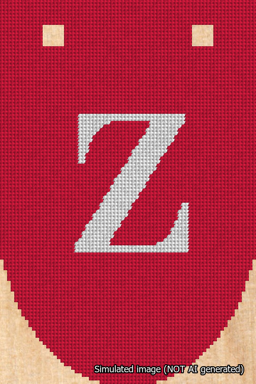 A simulated image of the stitched needlepoint design: Banner 18m Rounded Z White on Red. Not A.I. generated.