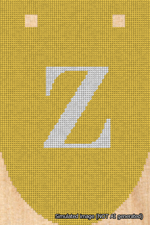 A simulated image of the stitched needlepoint design: Banner 18m Rounded Z White on Yellow. Not A.I. generated.
