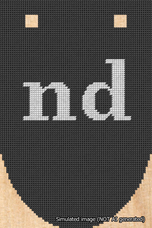 A simulated image of the stitched needlepoint design: Banner 18m Rounded nd White on Black. Not A.I. generated.