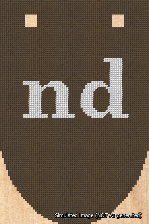 A simulated image of the stitched needlepoint design: Banner 18m Rounded nd White on Brown. Not A.I. generated.