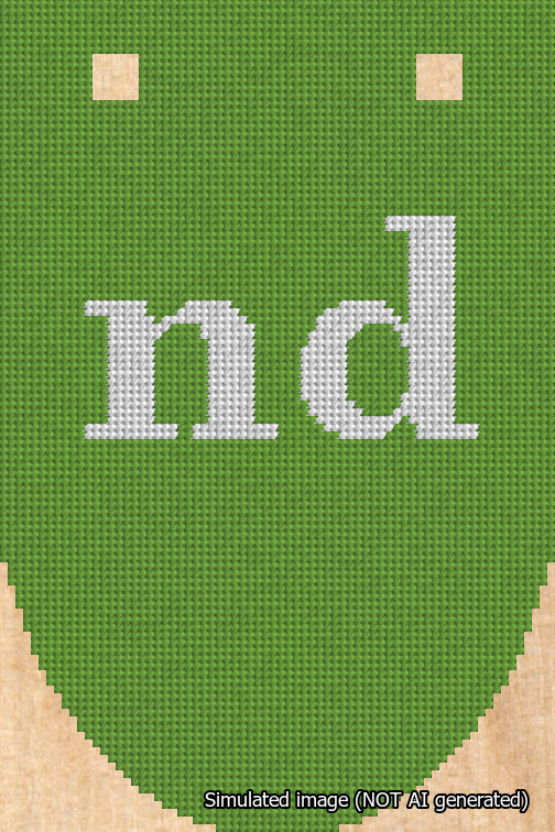 A simulated image of the stitched needlepoint design: Banner 18m Rounded nd White on Light Green. Not A.I. generated.