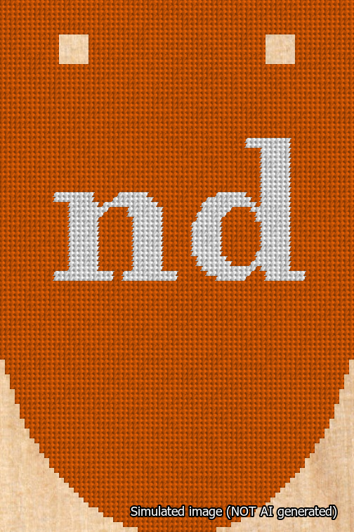 A simulated image of the stitched needlepoint design: Banner 18m Rounded nd White on Orange. Not A.I. generated.