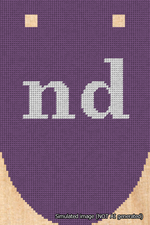 A simulated image of the stitched needlepoint design: Banner 18m Rounded nd White on Purple. Not A.I. generated.
