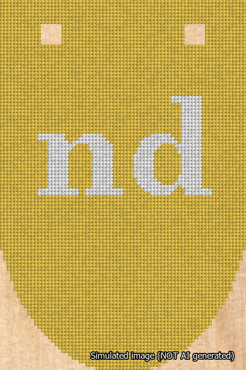 A simulated image of the stitched needlepoint design: Banner 18m Rounded nd White on Yellow. Not A.I. generated.