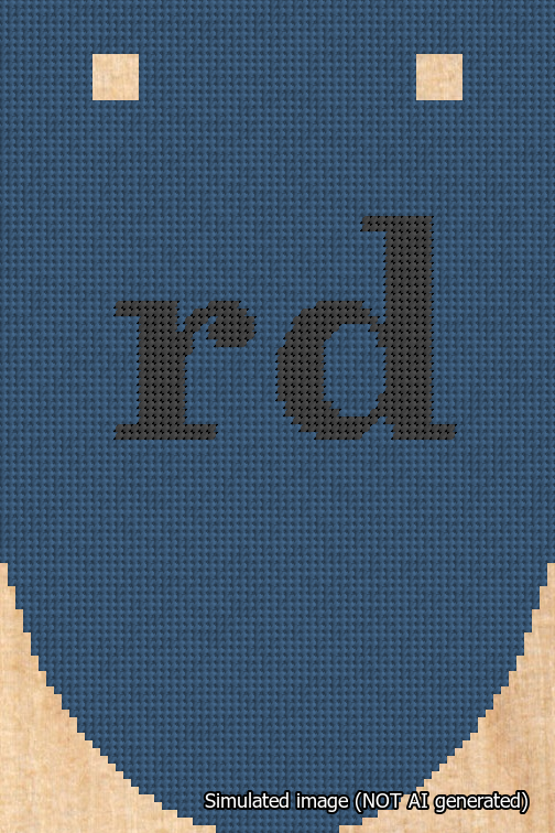 A simulated image of the stitched needlepoint design: Banner 18m Rounded rd Black on Blue. Not A.I. generated.