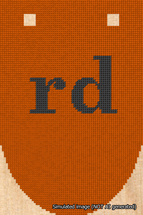A simulated image of the stitched needlepoint design: Banner 18m Rounded rd Black on Orange. Not A.I. generated.