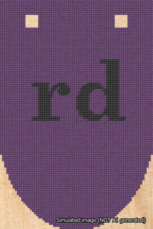 A simulated image of the stitched needlepoint design: Banner 18m Rounded rd Black on Purple. Not A.I. generated.