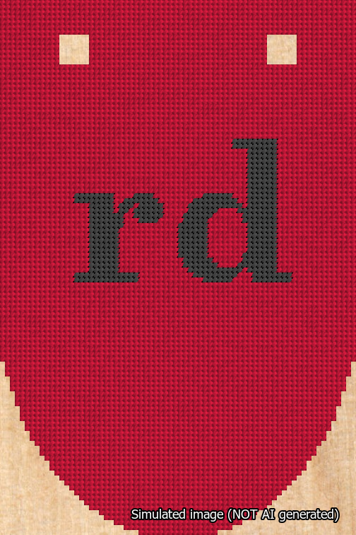 A simulated image of the stitched needlepoint design: Banner 18m Rounded rd Black on Red. Not A.I. generated.