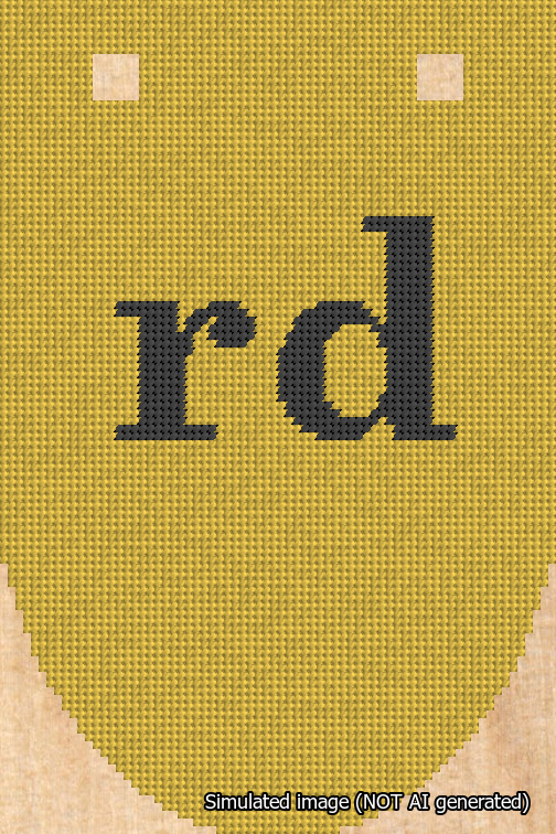 A simulated image of the stitched needlepoint design: Banner 18m Rounded rd Black on Yellow. Not A.I. generated.