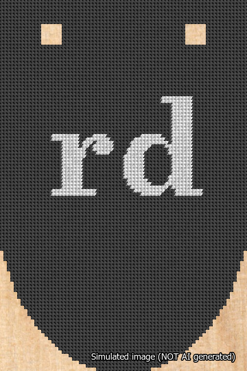 A simulated image of the stitched needlepoint design: Banner 18m Rounded rd White on Black. Not A.I. generated.