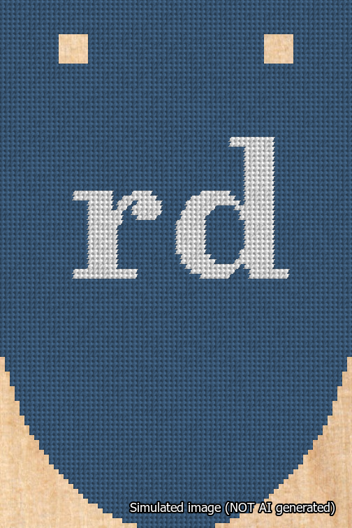 A simulated image of the stitched needlepoint design: Banner 18m Rounded rd White on Blue. Not A.I. generated.